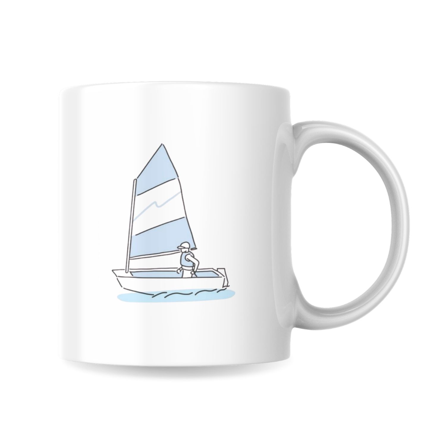 Minimalist line-art tarzında mavi şeritli optimist yelkenli ve can yelekli sporcusu olan seramik kupa bardak.