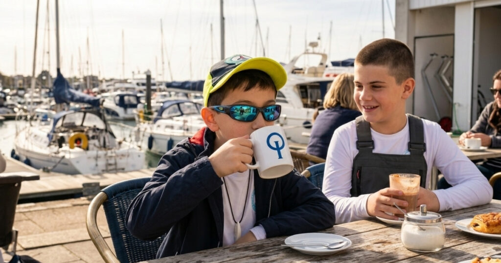 Marinada optimist yelkenli tekneler önünde logolu kupa bardaktan içecek içen güneş gözlüklü çocuk.